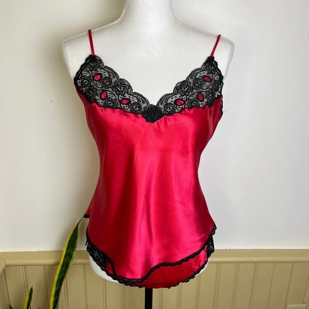 Vintage Christian Dior Lingerie Set Cami Panties Red Satin Lace 70s Coquette - Picture 1 of 16